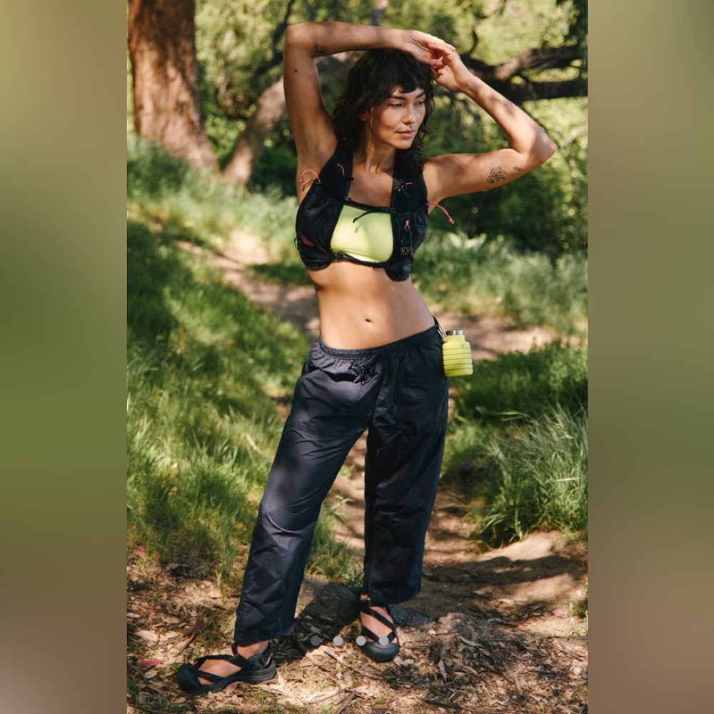 Free People Black Track Pants with Neon Yellow Accent